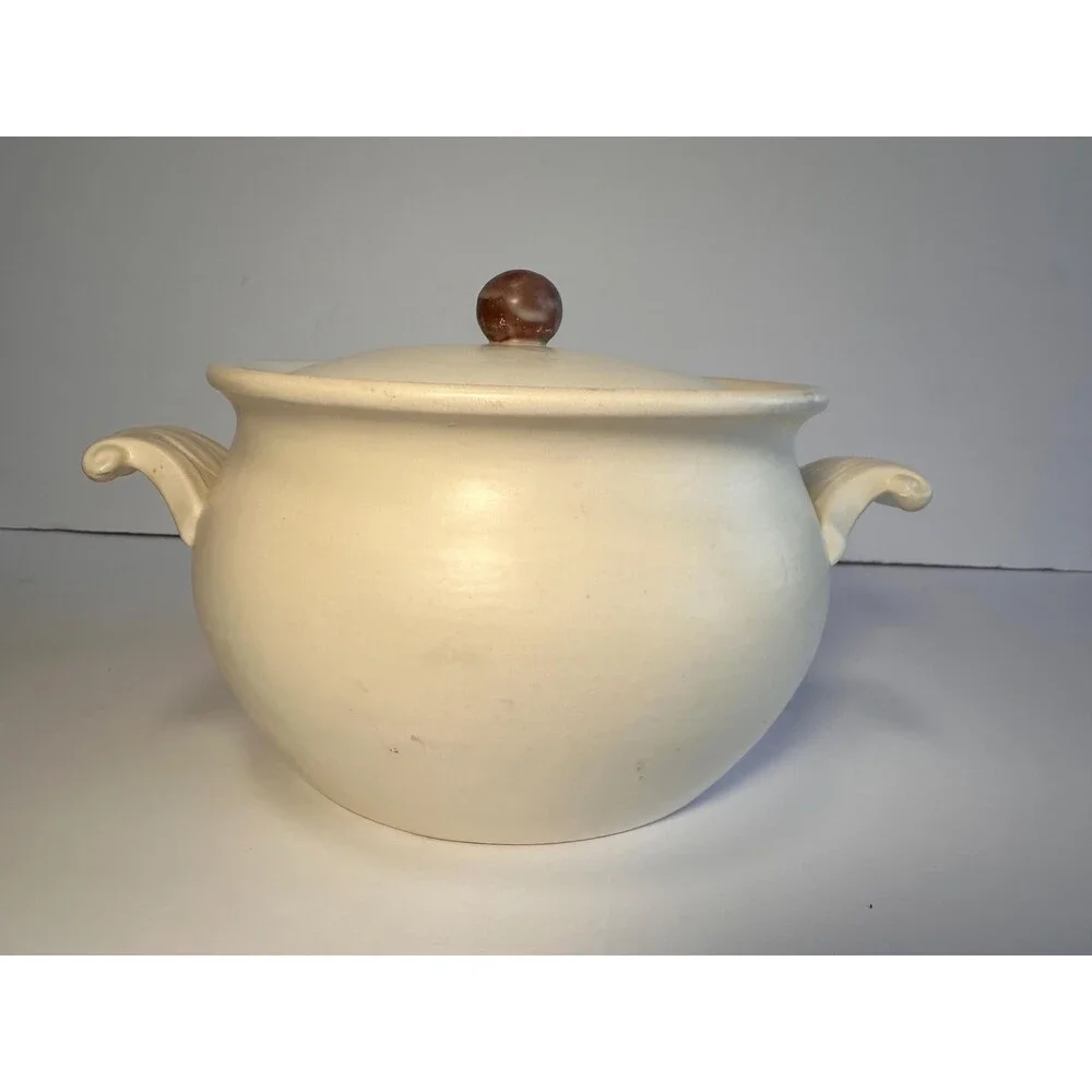 Handmade Hand Painted Ceramic Bean Pot Casserole with Dandelion Design - Signed